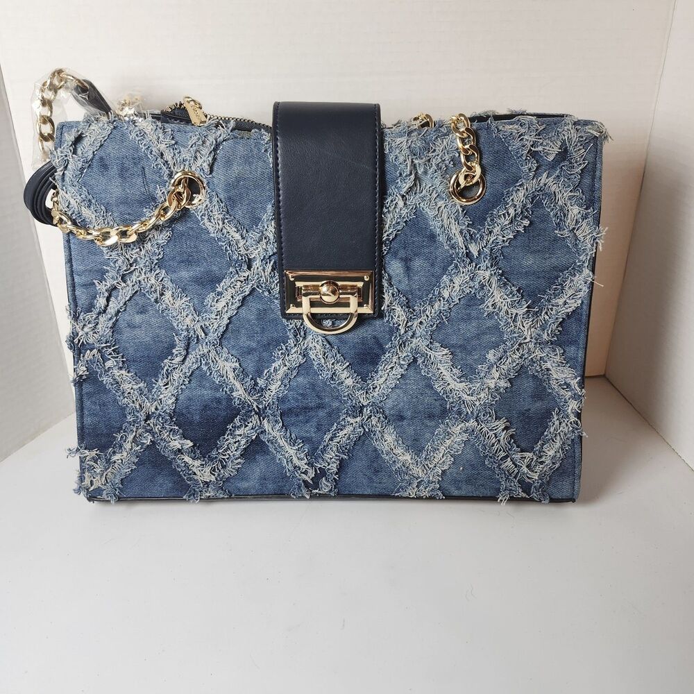 Dasein Blue Geometric Fringe Shoulder Bag Gold Chain And Wallet